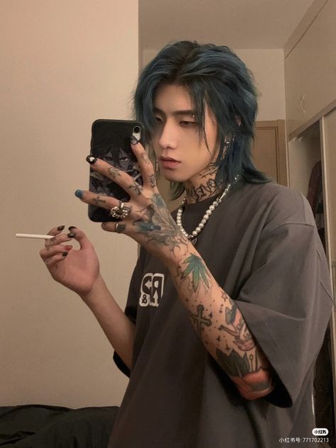 Asian Face Claims Male Long Hair, Asian Men Face Claims, Black Blue Hair Men, Asian Men Long Hair Hairstyles, Male Wolf Cut Hairstyle, Dyed Hair Guys, Men With Dyed Hair, Asian Long Hair Men, Dark Blue Hair Men