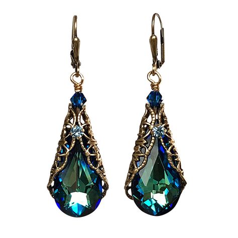 Bermuda Blue Teardrop Crystal  Filigree Earrings with Crystals from Swarovski #HisJewelsCreationsCrystalsfromSwarovski #DropDangle Vintage Blue Jewelry, 80s Accessories Jewelry, Diy Vintage Earrings, Women With Jewelry, Jewelry With Stones, Teal Accessories, Gift Box For Her, Functional Jewelry, Earrings With Crystals