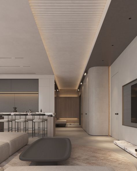 Apartment E on Behance Ceiling Designs For Kitchen, Minimal Ceiling Design, Colorful Eclectic Living Room, Designs For Kitchen, Latest False Ceiling Designs, Minimal Apartment, False Ceiling Designs, L Kitchen, Ceiling Design Bedroom