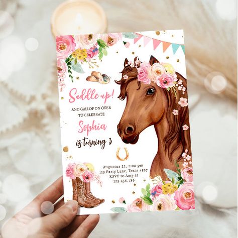 Invitación Cumpleaños de Caballo Invita a Chica Cowgirl Flora | Zazzle.com Watercolor Party Decor, Horse Birthday Party Invitations, Cowgirl Birthday Invitations, Horse Birthday Party, Horse Birthday Invitations, Watercolor Party, Horse Birthday Parties, Cowgirl Horse, Floral Birthday Invitations