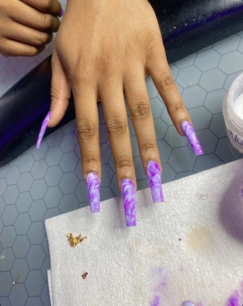 Swirl Tie Dye Nails, Very Bright Nails, Purple Nails Long Square, Purple Initial Nails, Purple Nails With Initial, Purple Tie Dye Nails, Purple Acrylic Nails Coffin, Lavender Purple Nails, Purple Square Nails