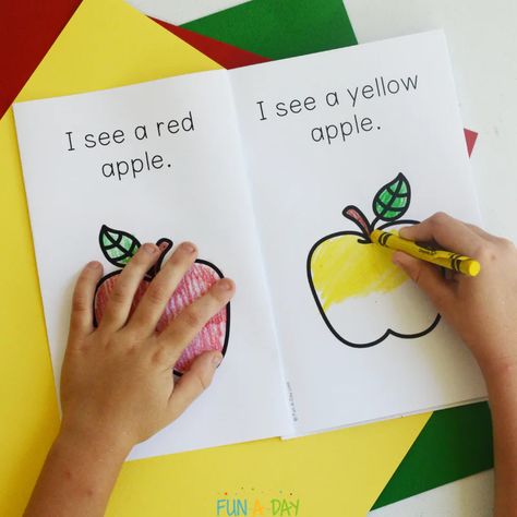 Add the I See Apples printable book to your next kindergarten or preschool apple theme! What a fun and easy way to explore literacy, math, AND science concepts with the kids. Get your own copy by clicking on the Fun-A-Day.com link. Apple Theme Circle Time Activities, Kindergarten Johnny Appleseed Activities, Apple Exploration Kindergarten, Apple Emergent Reader Free Printable, Apples Kindergarten Activities Free, Apples Literacy Activities Preschool, Apple Books Preschool, Apple Day In Kindergarten, Apple Theme For Preschool