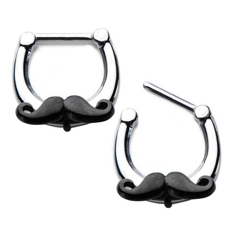 Introducing our charming Surgical Steel Septum Clicker Ring adorned with a playful Black Handlebar Mustache charm, perfect for adding a touch of whimsy to your piercing collection. Crafted from high-quality 316L surgical steel and treated with Ion Plated processing for durability and lasting shine, this septum clicker is both stylish and reliable. Featuring a comfortable 16 gauge (1.2 MM) thickness and a length of 5/16" (8 MM), this clicker ensures a secure and comfortable fit for your septum pi Septum Gauge, Cute Septum Rings, Gauges Size Chart, Piercing Collection, Black Mustache, Handlebar Mustache, Septum Piercing Jewelry, Snake Bites, Septum Clicker