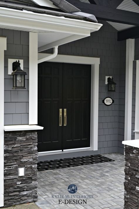 Gray and White Home – Marble, Dark Wood and More! Grey Exterior House Colors, Black Front Door, Gray House Exterior, Exterior House Colors With Stone, Chelsea Gray, Exterior House Colors Combinations, House Paint Color Combination, Black Front Doors, Exterior House Paint Color Combinations