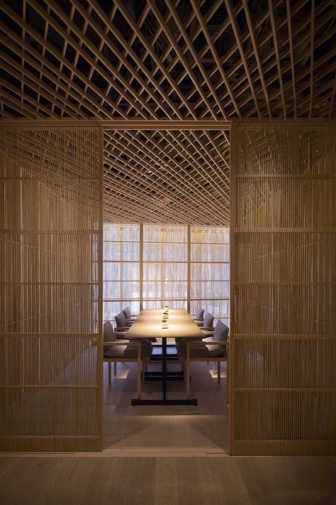 Kengo Kuma Interior, Kengo Kuma Architecture, Japanese Interior Design Modern, Bamboo Restaurant, Architecture Restaurant, Lake House Interior, Bamboo Architecture, Kengo Kuma, Japanese Interior Design