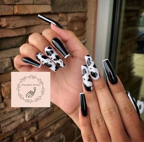 White Cow Nails, Country Acrylic Nails, Cowboy Nails, Country Nails, Black And White Cow, Cow Nails, Long Acrylic Nail Designs, Nail Prep, Dope Nail Designs