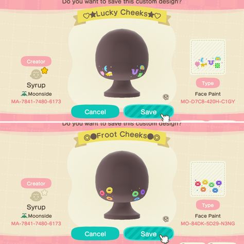 Animal Crossing Cheek Design, Acnh Piercing Face Paint, Clown Acnh Codes, Acnh Clown Face Paint, Acnh Face Paint Code, Adventure Time Animal Crossing, Animal Crossing Design Codes Face, Face Paint Animal Crossing, Animal Crossing Face Paint Design