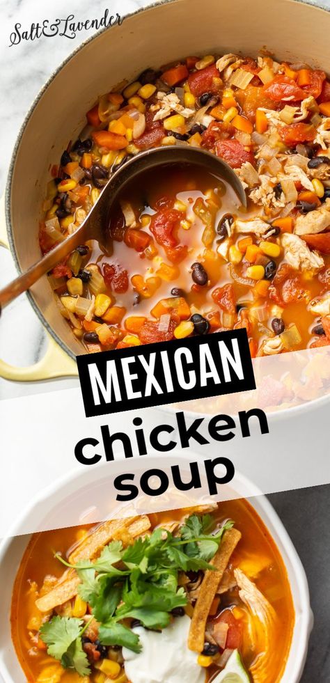 a pot of soup with a ladle and a bowl and text overlay that reads mexican chicken soup Chicken Soup With Beans, Chicken And Black Bean Soup, Mexican Chicken Corn Soup, Black Bean Chicken Soup, Mexican Corn Chicken Soup, Black Bean Chicken Tortilla Soup, Chicken Black Bean Corn Soup, Mexican Chicken Soup, Chicken Lime Soup