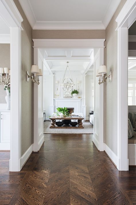 2019 New Year Home Tour - Home Bunch Interior Design Ideas Floor Wallpaper Wood, Polished Wood Floors, Herringbone Wood Hallway, Light Hardwood Floors With Dark Trim, Hallway Dark Wood Floor, Light Flooring Dark Trim, Entryway Herringbone Wood Floor, Herringbone Wood Floor Foyer, Espresso Wood Floors