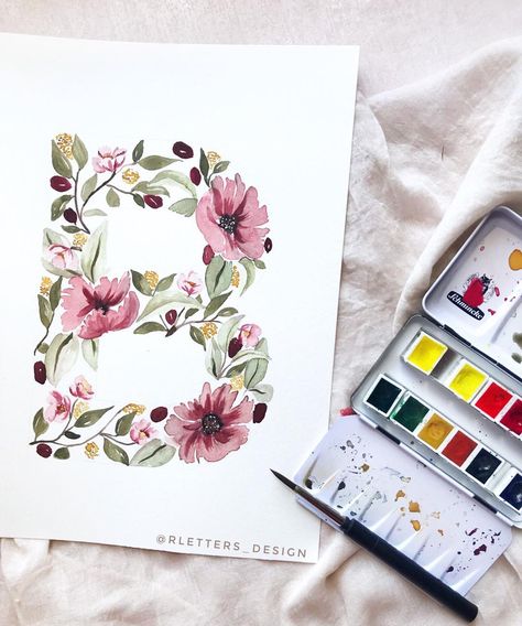 I could have added a few more elements to this letter B, but for some reason I decided to keep it this way. I might add them later on.☺️ Do… Watercolours Art, Watercolor Letters, Skull Drawings, Floral Monogram Letter, Painting Nursery, Drawing Floral, Watercolor Monogram, Watercolor Lettering, Etsy Success