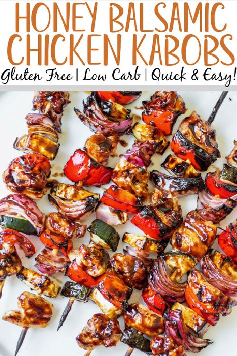 This honey balsamic grilled chicken kabob recipe is perfect for any summer dinner or family gathering. Made with lots of vegetables including zucchini, red onion and red pepper, these grilled chicken kabobs are quick to prep and grill, and glazed with an easy honey balsamic sauce! They're gluten free, low carb and paleo, so everyone can and will enjoy! #grilledchicken #chickenkabobs #balsamic #grilling Chicken Bacon Kabobs On The Grill, Easy Work Night Dinners Healthy, Paleo Grilling Recipes, Balsamic Kabobs, Marinade For Chicken Kabobs On The Grill, Honey Balsamic Marinade, Chicken Kabobs On The Grill, Chicken Kabob Recipe, Paleo Grilled Chicken