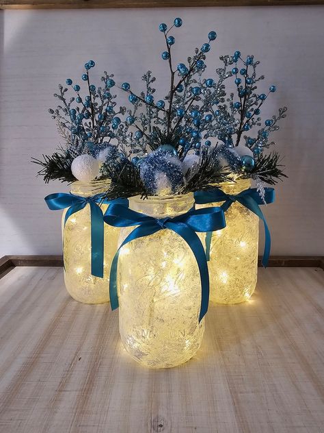 Blue and Silver Christmas Mason Jar With Fairy Lights, Holiday Table Centerpiece, Party Event Decor, Winter Wedding, Seasonal Gift - Etsy Diy Blue And Silver Christmas Decor, Winter Wonderland Christmas Centerpieces, Blue Christmas Theme Decorating Ideas, Winter Wonderland Party Table Decor, Christmas Ball Centerpieces, Winter Wonderland Party Theme Decor Table Decorations, Winter Wonderland Centerpieces Diy Table Decorations, Winter Wonderland Table Decor, Blue White Silver Christmas Decor