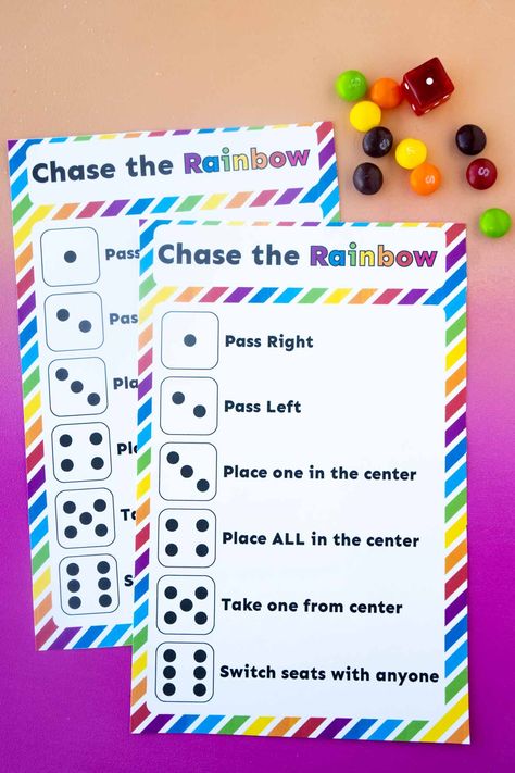 This fun chase the rainbow dice game is one of our favorite St. Patrick's Day games ever! Perfect for a rainbow baby shower, rainbow party, or St. Patrick's Day activity! Rainbow Dice Game, Skittles Rainbow, Sant Patrick, Skittles Game, Rainbow Games, Family Friendly Games, Gift Exchange Games, St Patricks Day Crafts For Kids, St Patrick Day Activities