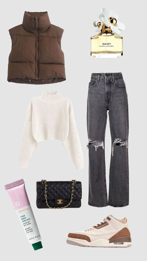 cute winter fit <3 #brown #winter #puffervest Cute Futs, Winter Outfit Collage, Sofia Grace, Cute Winter Fits, Winter Uggs, Winter Fit, Uggs Outfit, Outfit Collage, Back To School Shopping