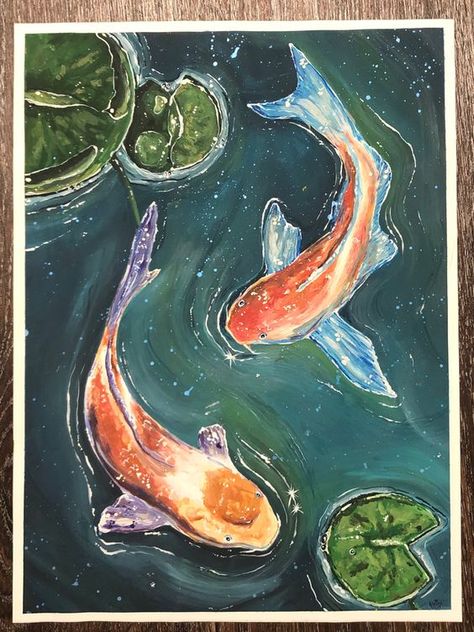 Coi Fish Paintings, Lilypad Drawing, Koi Fish Painting, Koi Painting, Koi Fish Drawing, Koi Art, Fish Drawings, Gouache Art, Sea Art