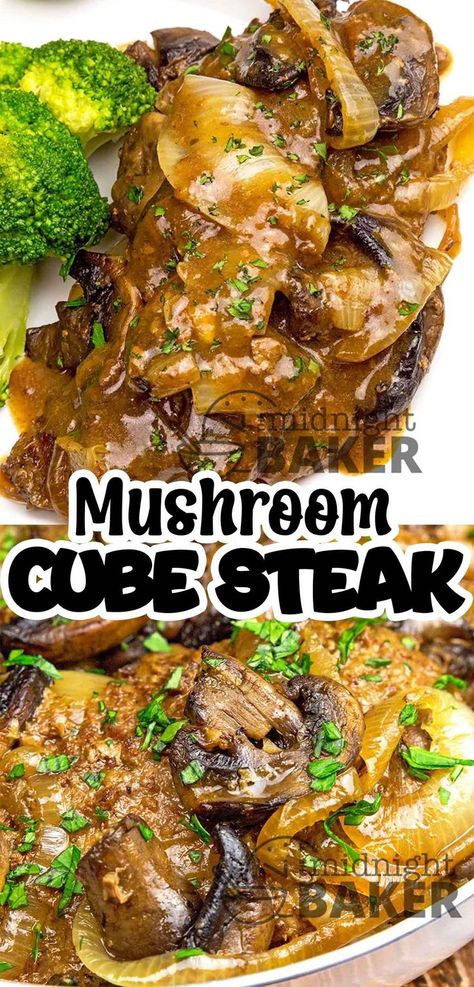 Do you know that you can cook cube steak on the stove top in one pan? This moist, juicy, cube steak is so easy to make using simple ingredients. Top it with a rich mushroom and onion gravy, making it a very filling meal. The perfect family dinner on a busy weeknight. This cube steak is the perfect summer dinner recipe to make. Marinated Cube Steak Recipes, Steak Cubes Recipe, Cubed Steak Recipes, Pork Cube Steaks, Steak On The Stove, Steak Recipes Skillet, Beef Cube Steak Recipes, Cube Steak Recipe, Cube Steaks