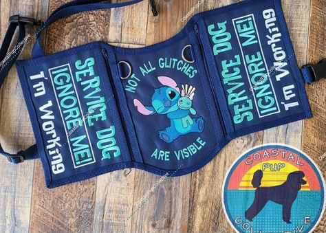 Lilo And Stitch Service Dog Vest, Disney Service Dog Vest, Service Dog Vest Ideas, Cute Service Dog Vest, Vest Ideas, Psychiatric Service Dog, Service Dog Patches, Service Dogs Gear, Service Dog Training