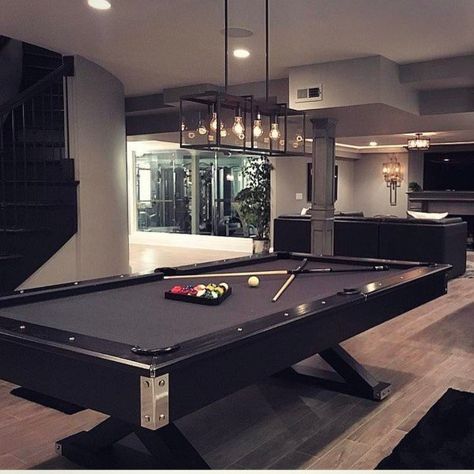 Chill Game Room, Pool Table Lighting Ideas, Basement Pool Table, Game Room With Pool Table, Billard Table, Modern Pool Table, Game Room Lighting, Small Game Rooms, Pool Table Room