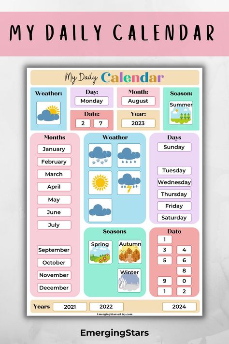 Start your morning routine with My Daily Calendar! The perfect and fun activity for children to learn all about the days of the week, dates, months, years, seasons and weather with this interactive calendar! Ready to download, print and cut out! Need more fun ideas for educational activities? Shop now or view other amazing resources at Emerging Stars! #DailyCalendar #Montessori #daysoftheweek #interactivecalendar #printable Daily Calendar Printable, Toddler Calendar, Teaching Calendar, Montessori Calendar, Kindergarten Calendar, Seasons And Weather, Preschool Calendar, Weather Calendar, Interactive Calendar