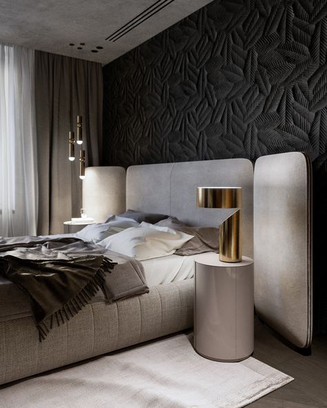 MOPS / Bathroom and Master bedroom on Behance Headboard Ideas Bedroom, Headboard Ideas, Grey Interior, Black Headboard, Mid Century Modern Bedroom, Modern Luxury Bedroom, Modern Bedroom Interior, Headboard Wall, Luxury Bedroom Master