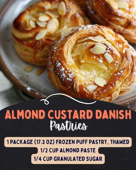 Easy Recipes Community | I discovered this Almond Custard Danish Pastries recipe while experimenting with different pastry fillings | Facebook Danish Filling Recipe, Savory Danish Pastry, Maple Danish, Apple Danish Recipe, Custard Danish, Homemade Danish Recipe, Almond Danish, Almond Custard, Homemade Danish