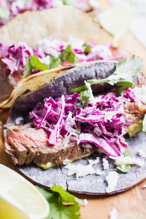 Healthy Steak Tacos with Lime Cilantro Slaw Healthy Steak Tacos, Gluten Free Steak Tacos, Steak Taco Marinade Easy, Steak Tacos With Pineapple, Taco Healthy, Coleslaw Healthy, Cilantro Lime Steak Tacos, Cilantro Coleslaw, Cabbage Steak