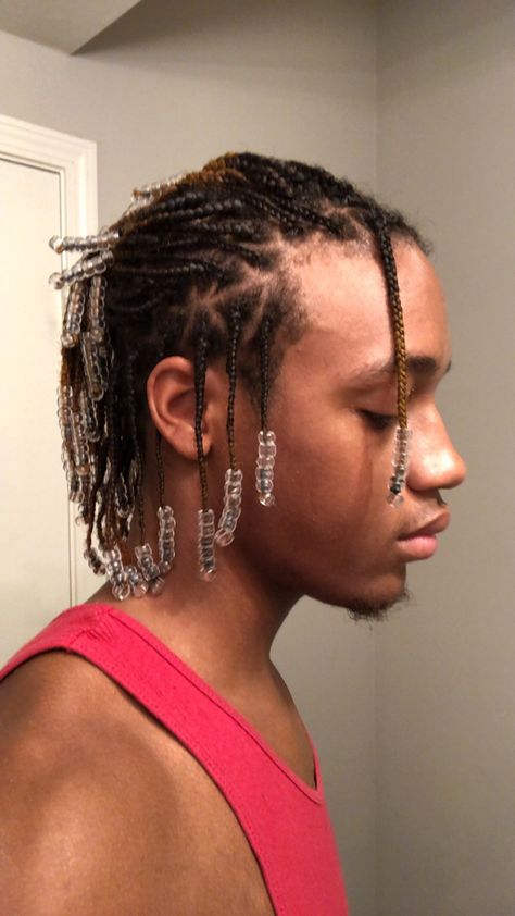 Triangular part braid with beads with hair up and hair down with one braid hanging down anime style🉐🐉🦊🍥🍱 Box Braids For Men With Beads, Dreads With Beads Men, Short Box Braids Men, Mens Braids With Beads, Men’s Braids With Beads, Braids With Beads Men, Natural Braided Hairstyles With Beads, Braids For Men With Beads, Beads In Hair