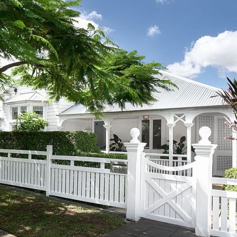 Queenslander Houses on Instagram: “Stunning presentation in Clayfield, Brisbane. The 'all white' effect works incredibly well here, and with the wonderful, mature…” Queenslander Homes Exterior, White Picket Fence House, Queenslander Architecture, Modern Queenslander, Garden Front Of House, Queenslander House, Ray White, Brick Fence, Brick Exterior House