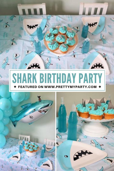 Fin-tastic Shark Birthday Party on Pretty My Party Diy Shark Party Decorations, Shark Birthday Party Ideas, Shark Fin Cupcakes, Shark Party Decorations, Shark Themed Party, Shark Boy, Shark Themed Birthday Party, Ocean Birthday, Toddler Birthday Party