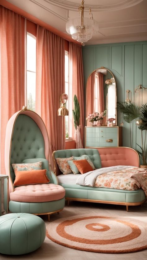 Salmon Bedroom, Glamorous Bedroom Decor, Retro Style Bedroom, Pantone 2024, Vintage Style Furniture, Wrought Iron Beds, Glamourous Bedroom, Design Your Bedroom, Retro Bedrooms