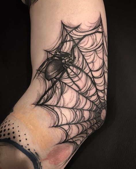 Spider Web Tattoo Under Armpit, Creepy Elbow Tattoo, Spiderweb Tattoo On Elbow, Spider Wed On Elbow Tattoo, Spiderweb Neck Tattoo, Spider Net Tattoo, Spiderweb Hand Tattoo, Spiderweb Shoulder Tattoo, Cobweb Tattoo