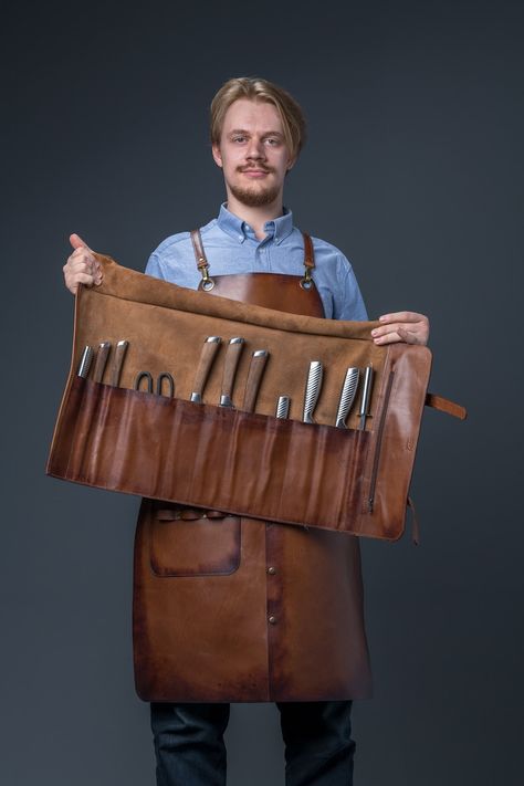 Brown Leather Knife Roll Chef's Premium Quality Accessory - Etsy Leather Knife Roll, Chef Bag, Chef Knife Bags, Leather Tool Roll, Knife Blocks, Roll Up Design, Knife Bag, Chef Wear, Knife Roll