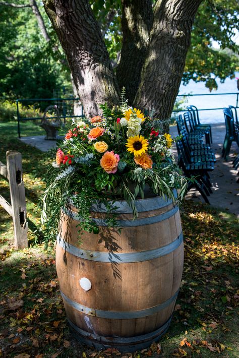 Sunflower Wedding Arrangements, Wine Barrel Wedding, Sunflower Themed Wedding, Spring Carnival, Victoria Wedding, Whisky Barrel, Wine Barrels, Asheville Wedding, Design Consultation