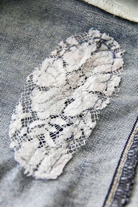 Patching Holes In Jeans, Diy Lace Jeans, Patching Jeans, Holes In Jeans, How To Patch Jeans, Jeans With Lace, Repair Jeans, Patch Hole, Denim Repair