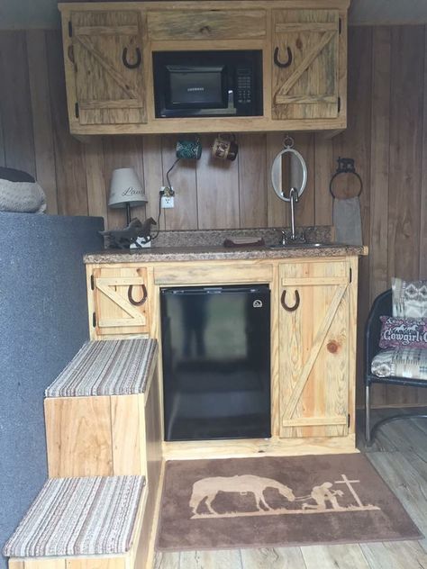 Horse trailer conversion Horses Trailer, Horse Trailer Interior Remodel, Horse Trailer Conversion, Horse Trailer Organization, Converted Horse Trailer, Horse Box Conversion, Horse Trailer Living Quarters, Trailer Organization, Stock Trailer