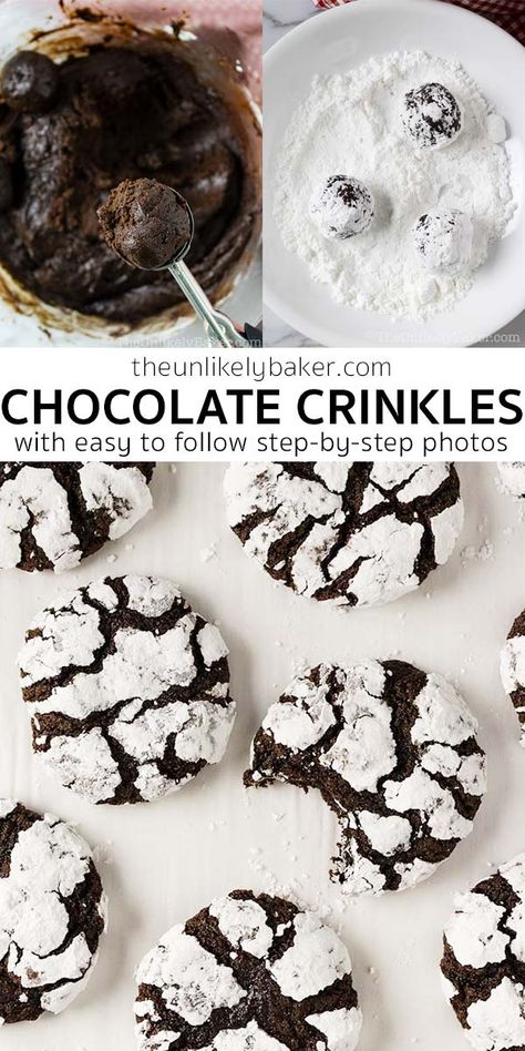 Choco Crinkles Recipe, Chocolate Krinkle Christmas Cookies Easy, Chocolate Kringle Cookie Recipes, Choc Crinkle Cookies, Crinkle Recipe, Kringle Cookies, Fudgy Chocolate Crinkle Cookies, Chocolate Crinkles Recipe, Crinkles Recipe