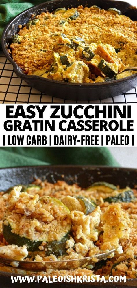 This creamy & "cheese-y" au Gratin style casserole is dairy-free! Fresh zucchini gets baked in a flavorful Whole30 compliant cream sauce and topped with yummy grain-free cracker crumbs! | #paleoishkrista #zucchinirecipes #ketozucchinirecipes #lowcarbcasseroles #whole30easterrecipes #whole30recipes #ketocasseroles #healthycasseroles #vegetarianrecipes #dairyfreeketo #cleanketo #paleorecipes #glutenfreerecipes #glutenfreecasseroles #easywhole30recipes #holidayrecipes #easter #ketorecipes Low Calorie Meals Dairy Free, Dairy Free Zucchini Casserole, Zucchini Recipes Dairy Free, Dairy Free Zucchini Recipes, Dairy Free Casserole Recipes, Zucchini Au Gratin, Paleo Zucchini, Zucchini Gratin, Easy Whole 30 Recipes