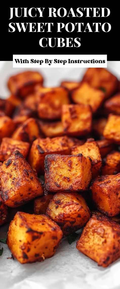 Image for Juicy Roasted Sweet Potato Cubes Roasted Cubed Sweet Potatoes, Crispy Sweet Potato Cubes, Oven Baked Sweet Potato Cubes, Healthy Sweet Potato Recipes Side Dishes, Cubed Sweet Potato Recipes, Air Fryer Sweet Potatoes Cubes, Baked Sweet Potato Cubes, Roasted Sweet Potato Recipes, Baked Yam