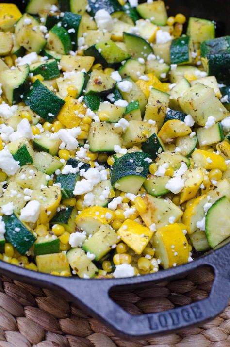 Zucchini and Sweet Corn with Feta is an incredibly simple, but super flavorful summer vegetable side dish. An easy way to enjoy summer vegetables at their peak. #zucchini #corn #sweetcorn #sidedish #vegetables #summervegetables Zucchini Corn, Yellow Squash Recipes, Summer Vegetables, Summer Produce, Canned Corn, Vegetable Side, Snacks Saludables, Corn Recipes, Summer Vegetable