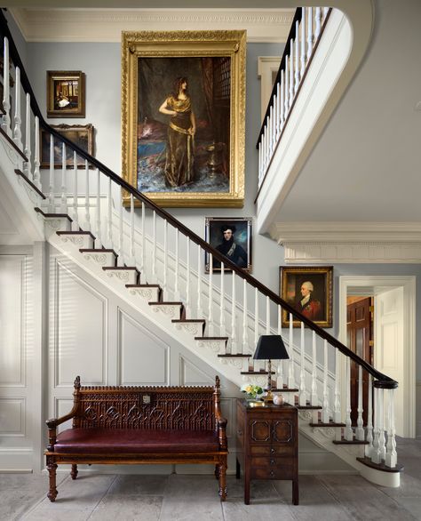 Modern Victorian Staircase, Victorian Staircase Ideas, Victorian Stairs, Victorian Staircase, Classic Staircase, Greek Revival Architecture, Stairway Decorating, Greek Revival Home, Staircase Designs