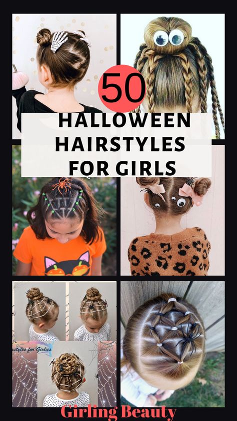 Cute Spooky Hairstyles, Toddler Hairstyles Girl Halloween, Halloween Hairstyles Ideas, Crazy Hair Day For Teachers Simple, Scary Hairstyles Halloween, Cute Easy Halloween Hairstyles, Toddler Halloween Hairstyles Girl, Spooky Hair Ideas, Kid Halloween Hairstyles