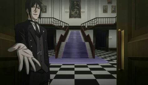 Welcome to Phantomhive manor Phantomhive Manor, Alternate Worlds, Sebastian Michaelis, Black Butler Kuroshitsuji, Ciel Phantomhive, Black B, Anime Scenery, Anime Boy, Stairs