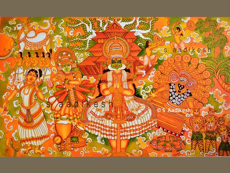 keraleeyam mural | painting | acrylic color on canvas by S Aadikesh Painting In Canvas, Mural Art Design, Dark Art Photography, Kerala Mural Painting, Boho Art Drawings, Indian Art Gallery, Mandala Art Therapy, Canvas Painting Tutorials, Tanjore Painting