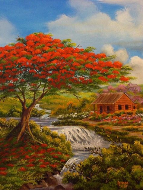 Flamboyan y casita en el rio Puerto Rican Artwork, Puerto Rico Island, Crayons Pastel, Puerto Rico Art, Cuban Art, Puerto Rican Culture, Caribbean Art, 수채화 그림, Tropical Art