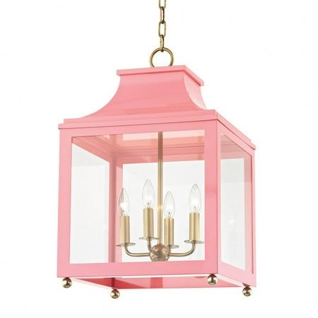 Mitzi-H259704L-AGB/PK-Collection: Leigh, Material: Glass, Finish Color: Aged Brass/Pink, Width: 16", Height: 24.88", Length: 16", Chain Length: 54", Lamping Type: Incandescent, Number Of Bulbs: 4, Wattage: 60 Watts, Dimmable: No, Moisture Rating: Damp Rated, Desc: Unlock the versatility of the pendant to give your space a fresh feel. How about one next to your bed or on either side of a mirror to light your morning wake-up routine? Stagger a few at different heights over your breakfast nook in a Square Pendant Lighting, Lantern Pendant Lighting, Traditional Lanterns, Large Lanterns, Classic Lighting, Lantern Pendant, Hudson Valley Lighting, Hanging Pendant Lights, Pink Light