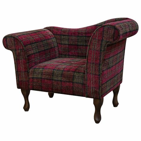 This designer chaise chair captures a luxurious sense of style and comfort in one. Shaped with a unique varied arm height design. Tartan Chair, Chaise Bedroom, Small Chaise, Small Chaise Sofa, Fireside Chairs, Designer Upholstery Fabric, Chaise Chair, Wingback Armchair, Sofa Handmade