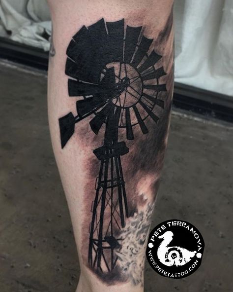 Black and gray windmill tattoo Cattle Tattoo, Windmill Tattoo, Farm Tattoo, Tattoo Horse, Australia Tattoo, Custom Tattoos, Men Tattoos Arm Sleeve, Upper Arm Tattoos, Japanese Sleeve Tattoos