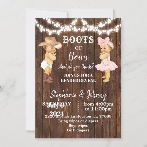 Create your own Invitation | Zazzle Country Gender Reveal, Bow Gender Reveal, Fun Baby Announcement, Shop Boots, Gender Reveal Invitations, Baby Gender Reveal, Reveal Ideas, Create Your Own Invitations, Reveal Parties