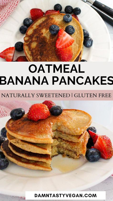 Vegan oatmeal banana pancakes topped with berries on a white plate. Oatmeal Pancakes Vegan, Banana Oatmeal Pancakes Vegan, Banana Pancakes Gluten Free, Oatmeal Banana Pancakes, Vegan Oatmeal Pancakes, Oatmeal Pancakes Easy, Quick Vegan Breakfast, Gluten Free Banana Pancakes, Oatmeal Pancakes Healthy