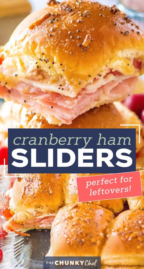 Looking for a great way to use up that leftover holiday ham? Try making these crowd pleasing Cranberry Ham Sliders!  Perfect with deli ham too, these quick and easy little Hawaiian roll sandwiches are a true family favorite! #ham #sliders #cranberry #leftovers #holiday #thanksgiving #christmas #hawaiianrolls Cranberry Ham, Sliders Hawaiian Rolls, Roll Sandwiches, Hawaiian Roll Sandwiches, Christmas Sandwiches, Thanksgiving Ham, Ham Sliders, The Chunky Chef, Rolled Sandwiches